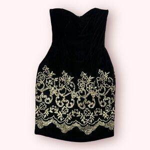 Jessica McClintock GUNNE SAX Vintage Black Velvet Gold Glitter Strapless Dress